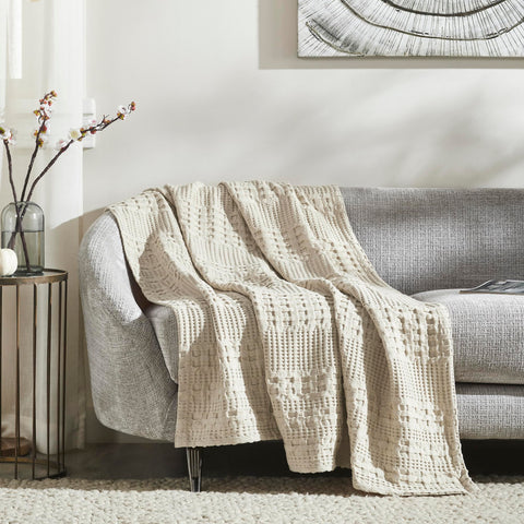 50x60 natural cotton waffle weave throw, soft and breathable with rustic farmhouse charm. Perfect for sofa, bed, or chair. Machine washable.