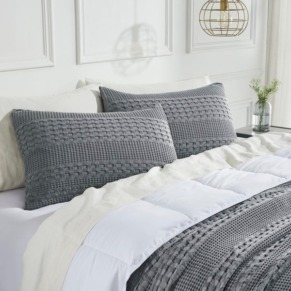 Set of 2 dark gray waffle weave queen shams, 20x30, crafted from 100% cotton. Pre-washed for softness, rustic farmhouse style, and easy care.