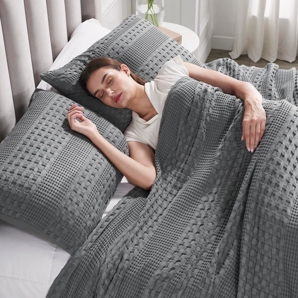 VHC Brands Waffle Weave Dark Gray King Shams (20x36, Set of 2) - Farmhouse Boho Decorative Pillow Covers for Bedroom Decor