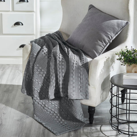 VHC Brands Waffle Weave Dark Gray Throw 50x60 - Cotton Blanket for Boho Farmhouse Bedroom & Living Room Decor, Couch, Sofa, Bed