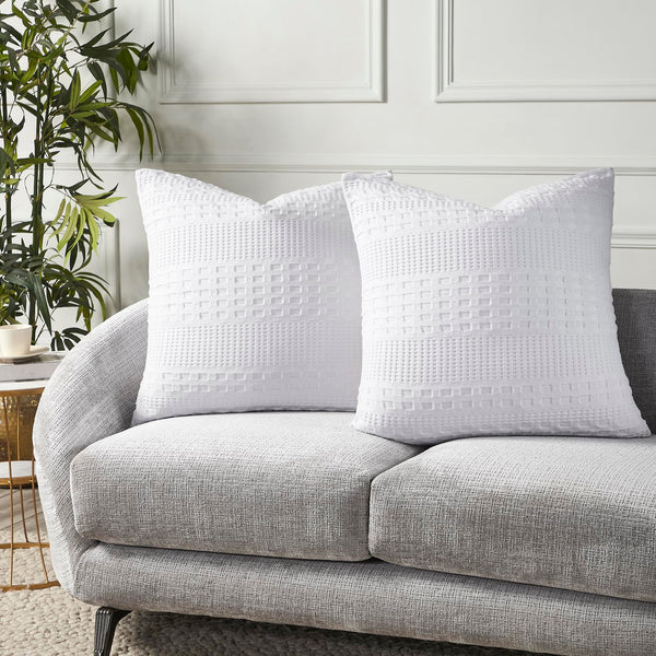 VHC Brands Waffle Weave White Pillow Cover Set (2-Pack) - 24x24 Farmhouse Boho Decorative Throw Pillow Shams for Bedroom & Living Room Decor