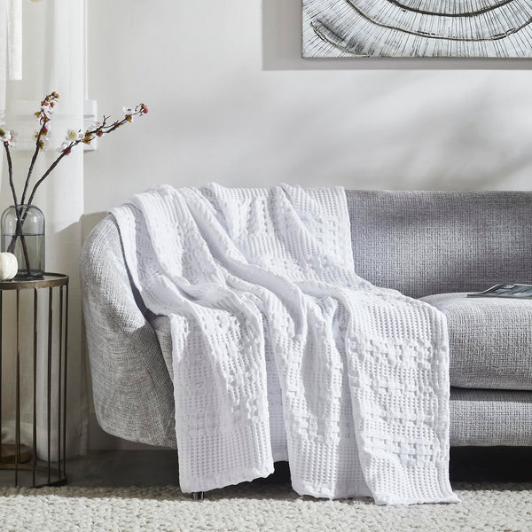 VHC Brands Waffle Weave White Throw 50x60 - Decorative Cotton Blanket for Farmhouse & Boho Decor