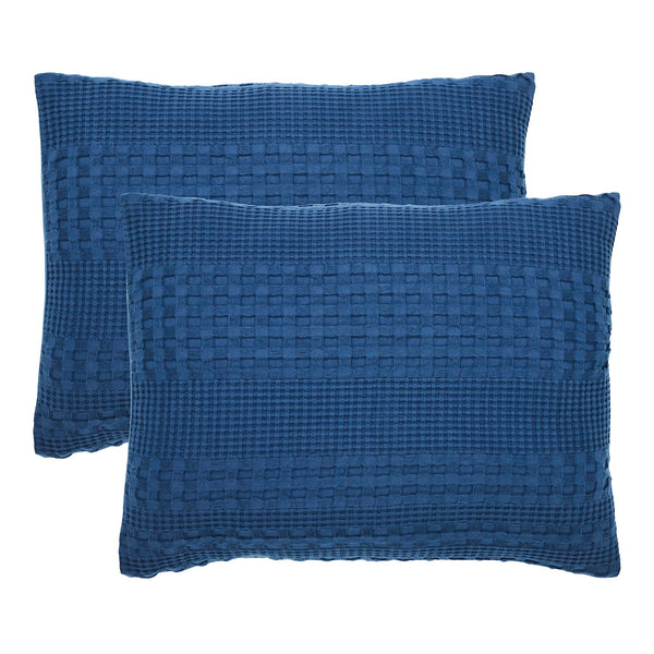 VHC Brands Waffle Weave Navy Blue Standard Pillow Sham Set (2-Pack) - 20x26 Farmhouse Boho Decorative Bedding