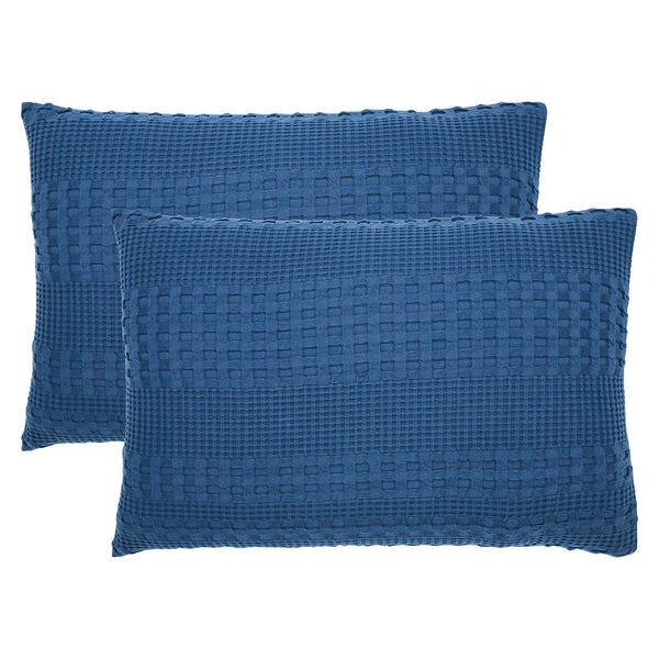 VHC Brands Waffle Weave Navy Blue Queen Sham Set, 20x30 - Farmhouse Boho Decorative Pillow Covers (2-Pack)