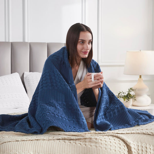 VHC Brands Waffle Weave Navy Blue Throw, 50x60 - Decorative Cotton Blanket for Farmhouse & Boho Bedroom/Living Room Decor