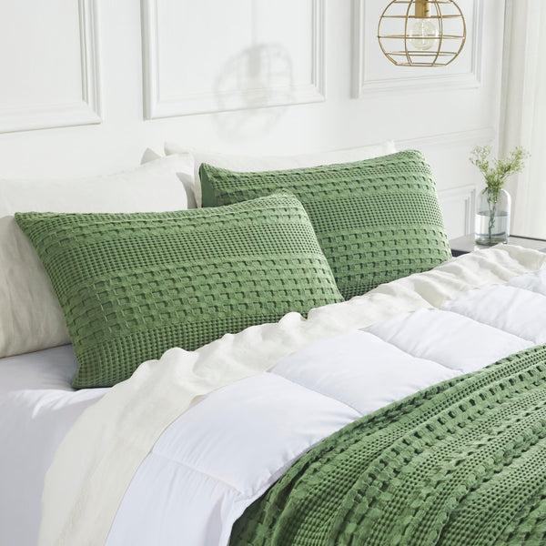 VHC Brands Waffle Weave Olive Green Queen Shams (Set of 2), 20x30 - Farmhouse Boho Decorative Pillow Covers