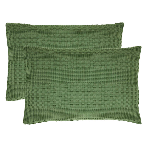 VHC Brands Waffle Weave Olive Green King Size Sham Set, 20x36 - Boho Farmhouse Decorative Pillow Covers (2-Pack)