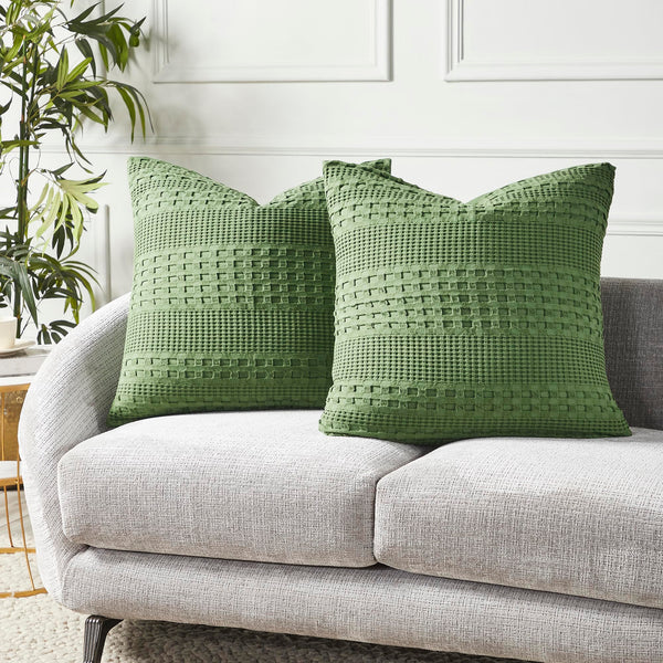 VHC Brands Waffle Weave Olive Green Pillow Covers (Set of 2) 24x24 - Decorative Throw Shams for Farmhouse, Boho Bedroom & Living Room Decor