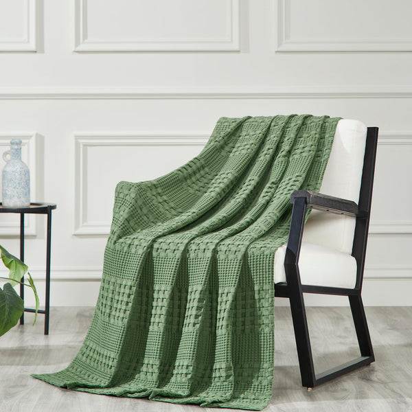 VHC Brands Waffle Weave Olive Green Throw Blanket 50x60 - Boho Farmhouse Cotton Decor for Bed, Couch & Sofa