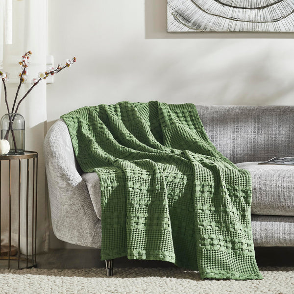 VHC Brands Waffle Weave Olive Green Throw Blanket 50x60 - Boho Farmhouse Cotton Decor for Bed, Couch & Sofa