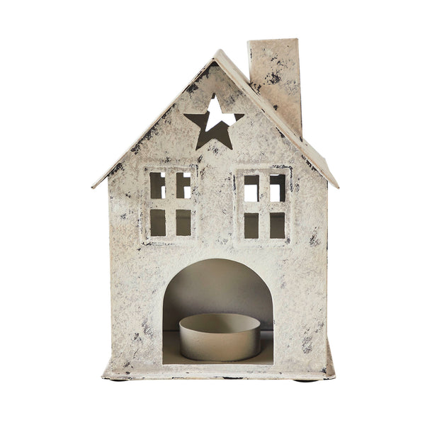 Tealight Holder Metal Village House D Antique Cream 6.75x4.75x4.5