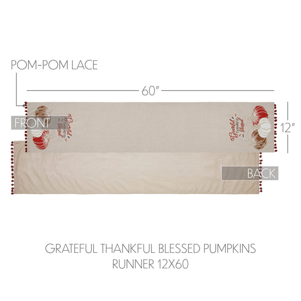 Farmhouse Fall Thanksgiving Table Runner, Grateful Blessed Pumpkins Harvest Decor 12x60