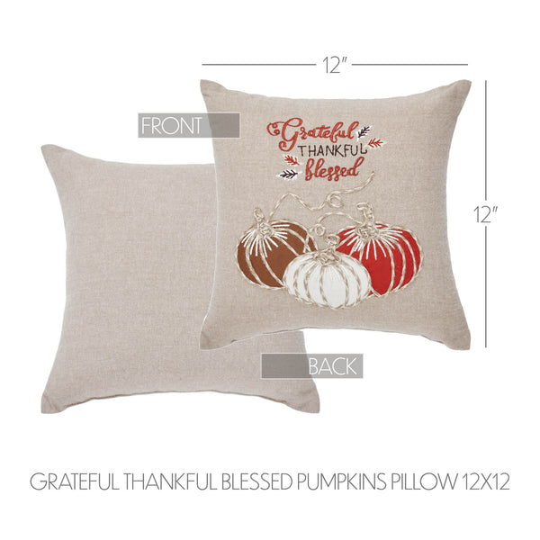 Grateful Thankful Blessed Pumpkins Fall Farmhouse Decorative Throw Pillow 12x12 Autumn Harvest Home Accent Decor