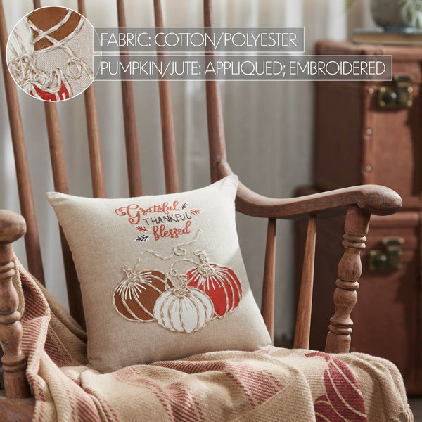 Grateful Thankful Blessed Pumpkins Fall Farmhouse Decorative Throw Pillow 12x12 Autumn Harvest Home Accent Decor