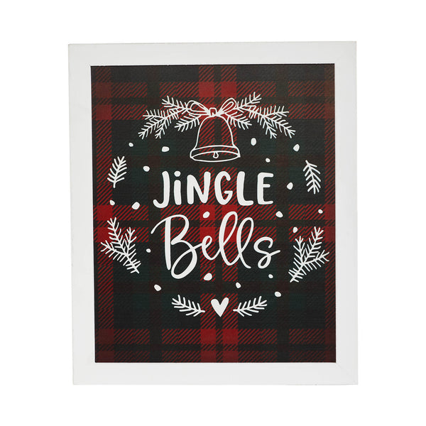 Jingle Bells Wreath Plaid Framed Wall Hanging Sign 12x10