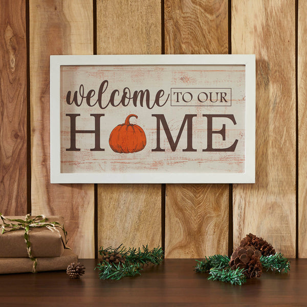 Welcome To Our Home Pumpkin Wall Sign 10x16 Rustic Farmhouse Fall Autumn Harvest Wall Decor Plaque for Entryway and Living Room