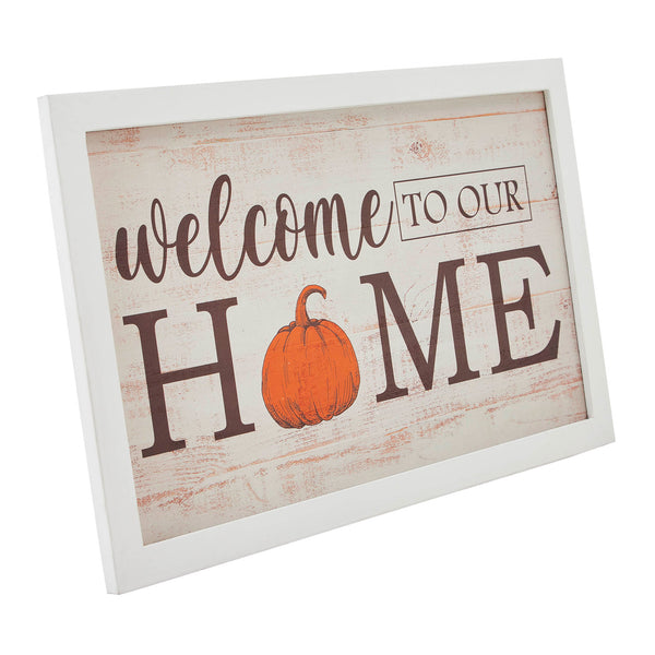 Welcome To Our Home Pumpkin Wall Sign 10x16 Rustic Farmhouse Fall Autumn Harvest Wall Decor Plaque for Entryway and Living Room