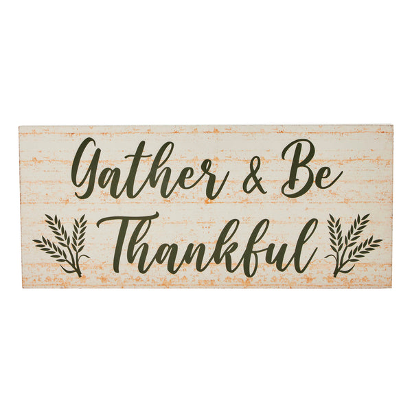 Farmhouse Fall Gather & Be Thankful Wheat Stalks Wall Sign, Rustic Autumn Thanksgiving Home Decor MDF Plaque, 7x16 Inches