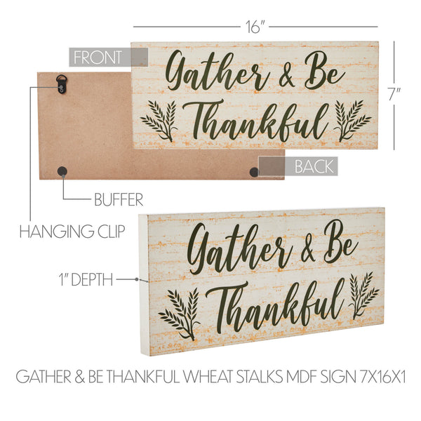 Farmhouse Fall Gather & Be Thankful Wheat Stalks Wall Sign, Rustic Autumn Thanksgiving Home Decor MDF Plaque, 7x16 Inches
