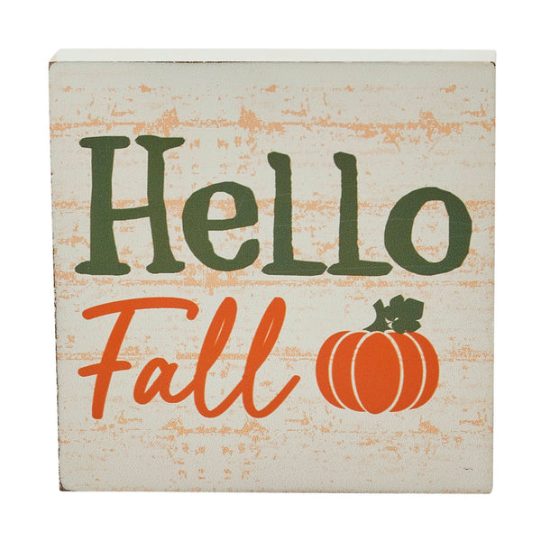Hello Fall Pumpkin Autumn Harvest Farmhouse Rustic Cream MDF Tabletop Sign 5x5 Inch Decorative Plaque
