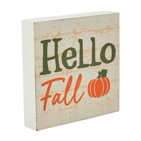 Hello Fall Pumpkin Autumn Harvest Farmhouse Rustic Cream MDF Tabletop Sign 5x5 Inch Decorative Plaque