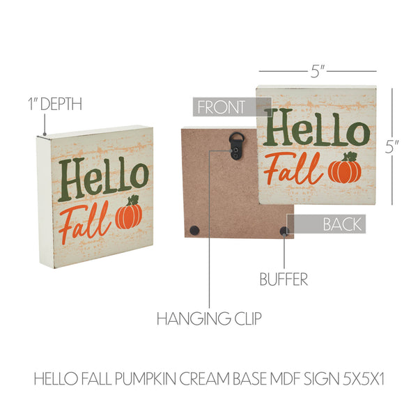 Hello Fall Pumpkin Autumn Harvest Farmhouse Rustic Cream MDF Tabletop Sign 5x5 Inch Decorative Plaque