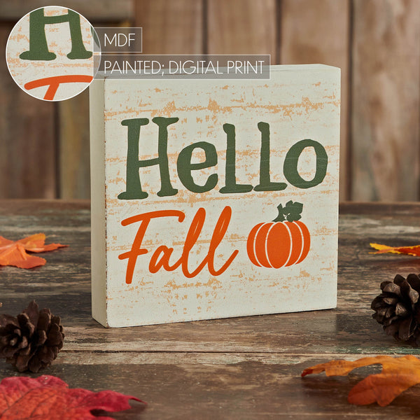 Hello Fall Pumpkin Autumn Harvest Farmhouse Rustic Cream MDF Tabletop Sign 5x5 Inch Decorative Plaque
