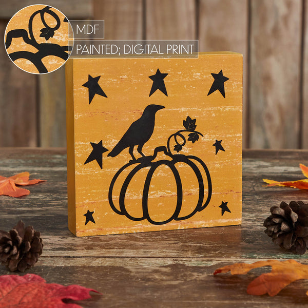 Prim Stars Primitive Halloween Pumpkin Raven MDF Sign 5x5 Mustard Fall Tabletop Home Decor