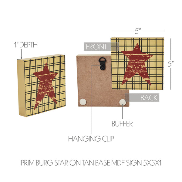Primitive Burgundy Star MDF Wood Sign 5x5 Inch Tan Farmhouse Wall & Shelf Decor Plaque