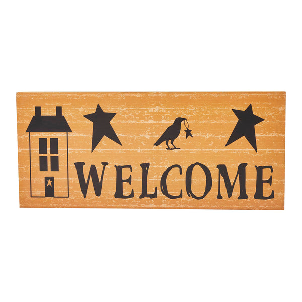Primitive Rustic Welcome Wall Decor Sign Mustard Saltbox House, Raven & Stars MDF Accent 7x16 Inch