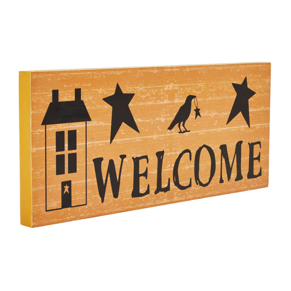 Primitive Rustic Welcome Wall Decor Sign Mustard Saltbox House, Raven & Stars MDF Accent 7x16 Inch