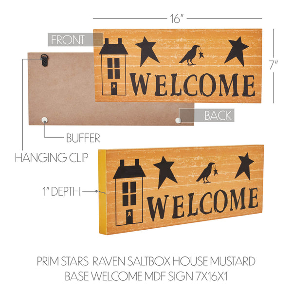 Primitive Rustic Welcome Wall Decor Sign Mustard Saltbox House, Raven & Stars MDF Accent 7x16 Inch