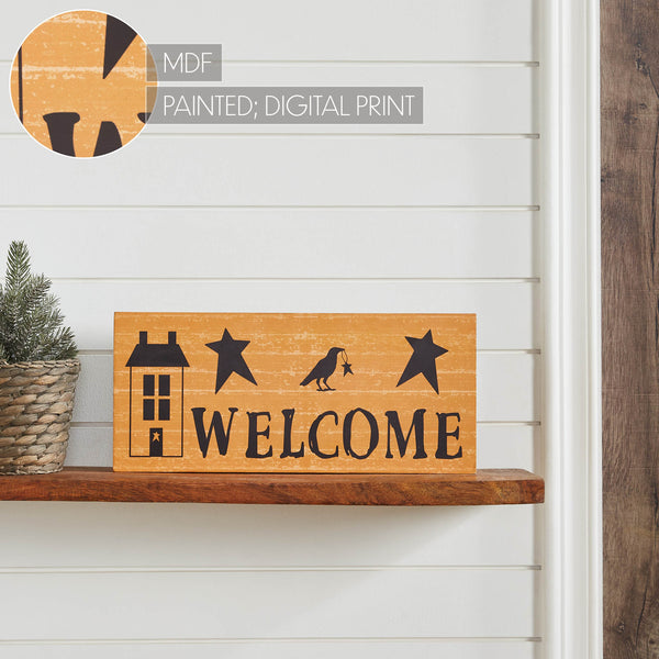 Primitive Rustic Welcome Wall Decor Sign Mustard Saltbox House, Raven & Stars MDF Accent 7x16 Inch