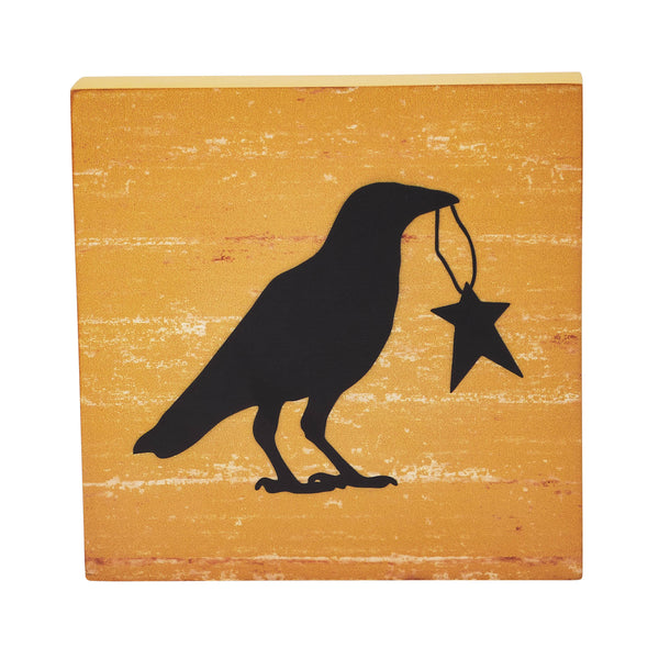 Prim Star Primitive Farmhouse Raven Crow Wall Decor Sign Mustard MDF 5x5 Inch