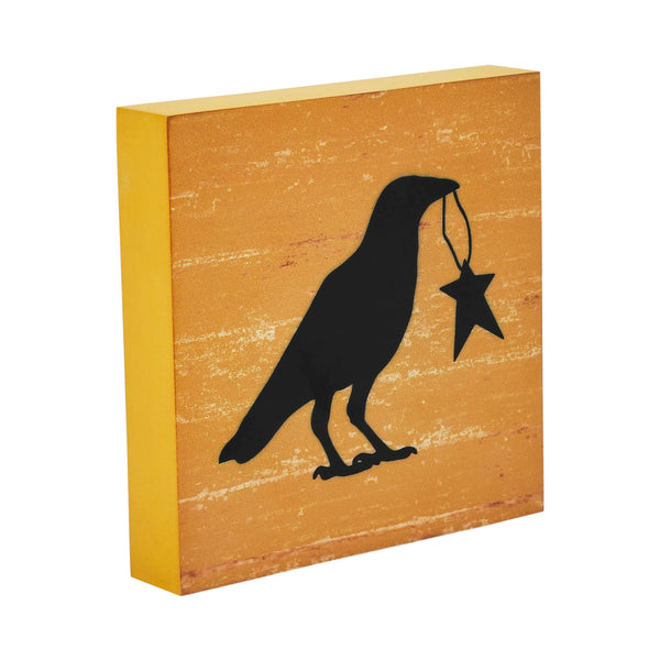 Prim Star Primitive Farmhouse Raven Crow Wall Decor Sign Mustard MDF 5x5 Inch
