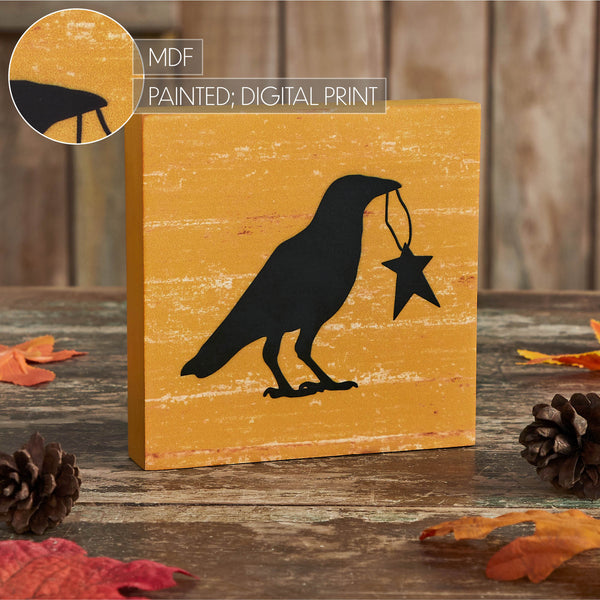 Prim Star Primitive Farmhouse Raven Crow Wall Decor Sign Mustard MDF 5x5 Inch