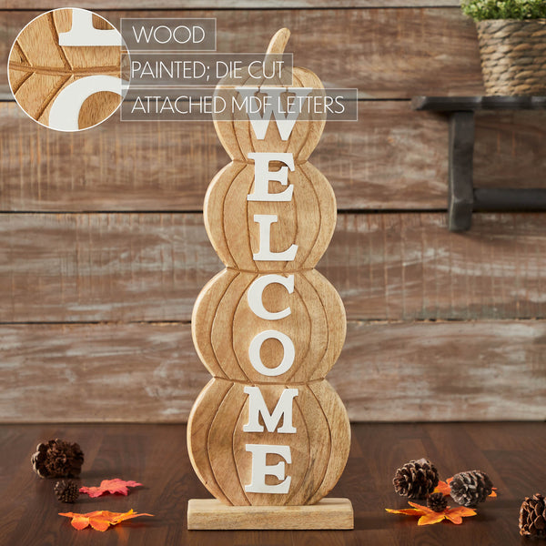 Fall Welcome Pumpkin Stack Wooden Porch Sign Rustic Farmhouse Harvest Home Decor, 24.5 Inch