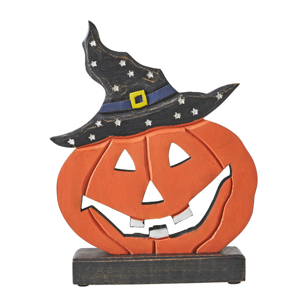 Halloween Wooden Jack O Lantern Pumpkin Tabletop Decor with Witch Hat, Fall Spooky Home Accent 10x8x2 Inch