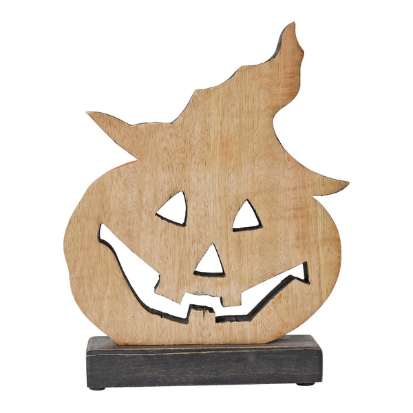 Halloween Wooden Jack O Lantern Pumpkin Tabletop Decor with Witch Hat, Fall Spooky Home Accent 10x8x2 Inch