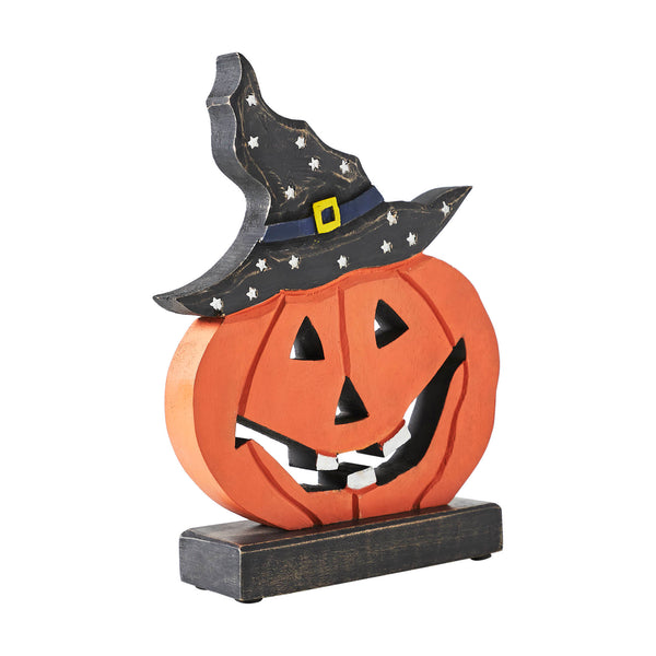 Halloween Wooden Jack O Lantern Pumpkin Tabletop Decor with Witch Hat, Fall Spooky Home Accent 10x8x2 Inch