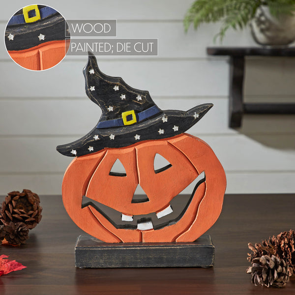 Halloween Wooden Jack O Lantern Pumpkin Tabletop Decor with Witch Hat, Fall Spooky Home Accent 10x8x2 Inch