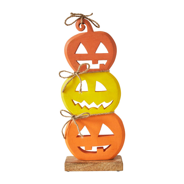 Halloween Jack O Lantern Stacked Wood Tabletop Decor, Rustic Fall Pumpkin Figurine 16.75in