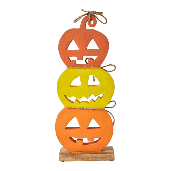 Halloween Jack O Lantern Stacked Wood Tabletop Decor, Rustic Fall Pumpkin Figurine 16.75in