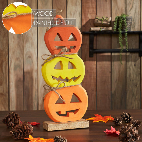 Halloween Jack O Lantern Stacked Wood Tabletop Decor, Rustic Fall Pumpkin Figurine 16.75in