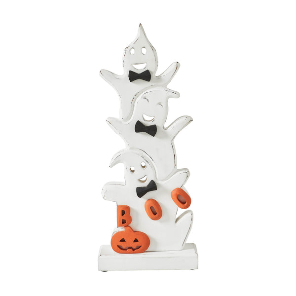 Whimsical Halloween Ghost Stack BOO Wooden Figurine Tabletop Mantel Decor