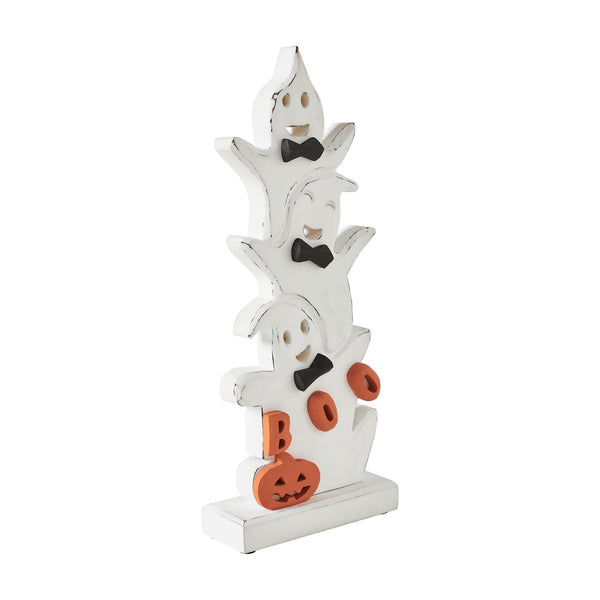 Whimsical Halloween Ghost Stack BOO Wooden Figurine Tabletop Mantel Decor