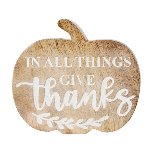Fall Autumn Thanksgiving Rustic Wooden Pumpkin Tabletop Decor with In All Things Give Thanks Sentiment 5.75x6.5x1.25 Inch