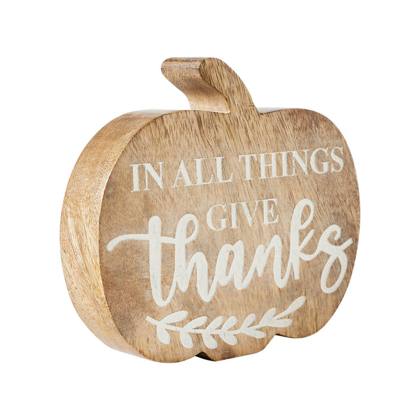 Fall Autumn Thanksgiving Rustic Wooden Pumpkin Tabletop Decor with In All Things Give Thanks Sentiment 5.75x6.5x1.25 Inch