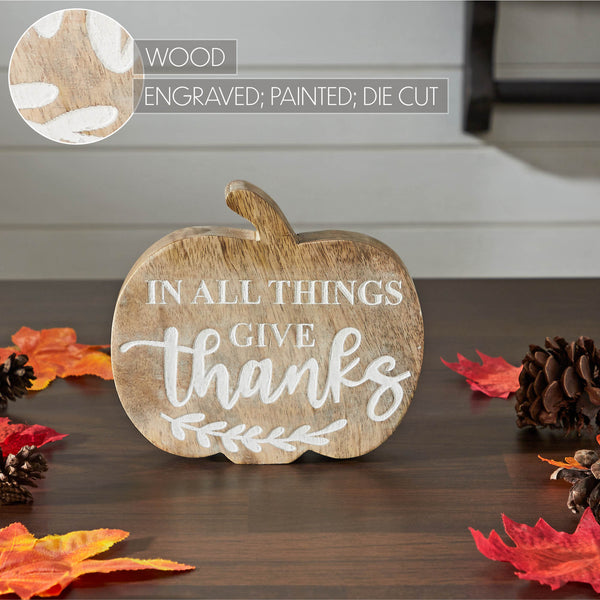 Fall Autumn Thanksgiving Rustic Wooden Pumpkin Tabletop Decor with In All Things Give Thanks Sentiment 5.75x6.5x1.25 Inch