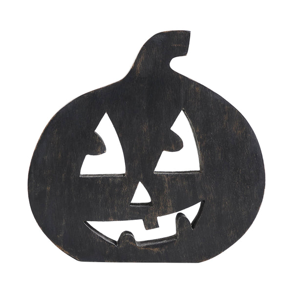 Black Wood Jack O Lantern Halloween Decor Spooky Fall Tabletop Accent Modern Farmhouse Home Display 8.25 Inch Tall